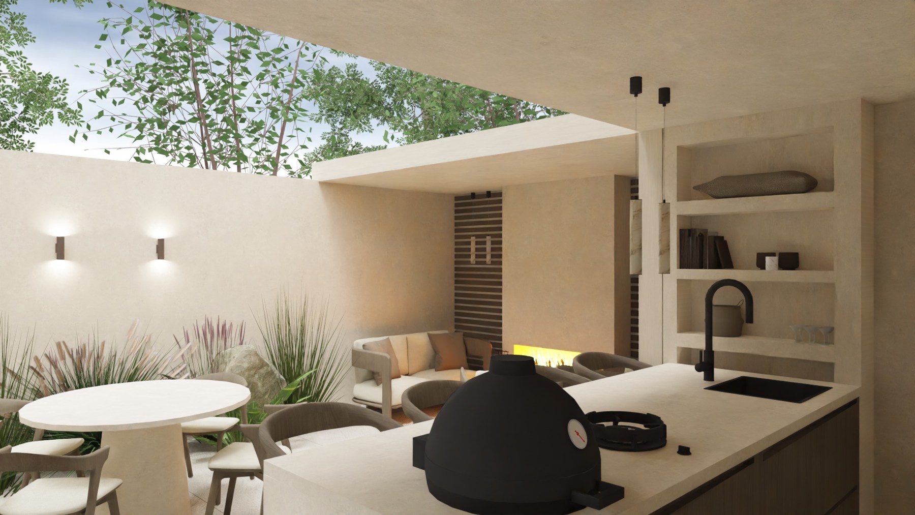 Tuinconcept met een overdekte lounge, natuurlijke materialen en groen