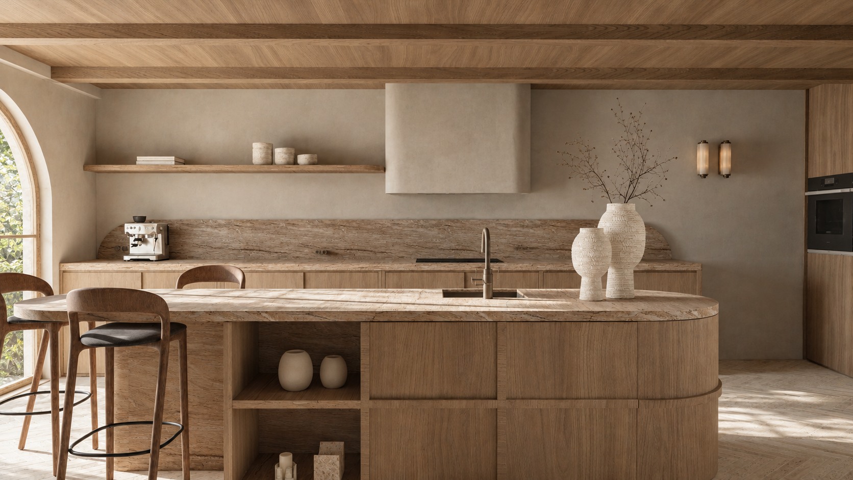 Licht keukenontwerp met houten balken